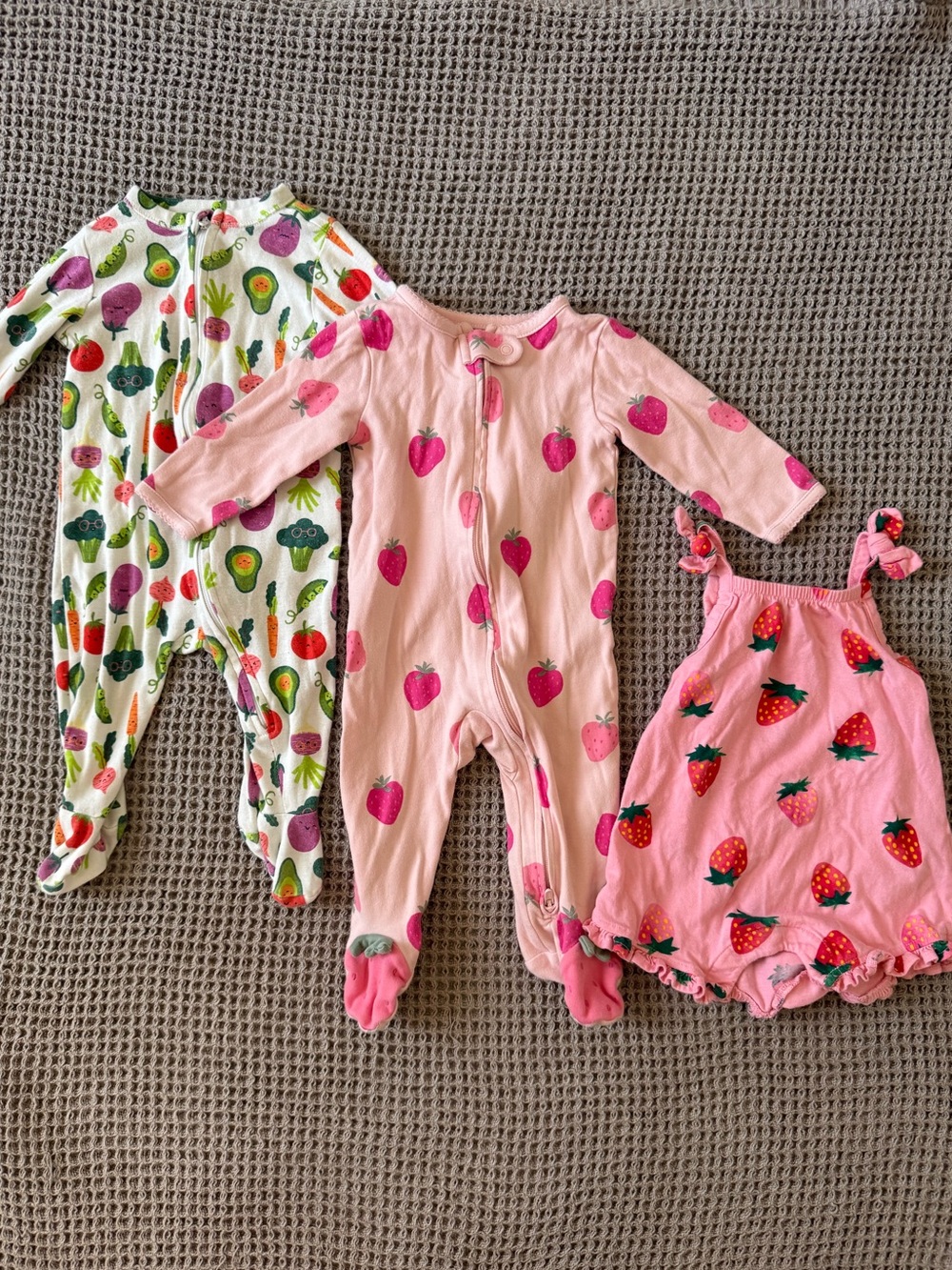 100% Cotton Veggie and Strawberry Footie and Romper Set